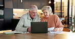 Home, finance and senior couple with laptop for mortgage, 401k savings or pension planning. Man, woman and paperwork for budget, computer and smile for asset management with retirement investment