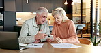 Home, finance and senior couple with phone for mortgage, funny joke and pension planning. Man, woman and mobile for budget discussion, laughing or asset management with retirement investment at house