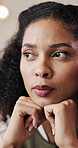 Regret, woman and thinking with stress in home for bad decision, mental health or disappointment. Thoughtful, worry or female person with depression, anxiety or remorse for guilty confession in house