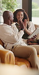 Home, black couple and high five with tablet for chat, online message and video for laughing in lounge. Smile, happy man and woman with social media, celebration or bonding together with gesture