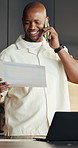 Man, documents and phone call in home with remote work, discussion or financial advisor for business. Black person, conversation and contact in house with tech, finance paperwork or opinion for audit