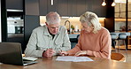 Home, old couple and signature with insurance document for policy, premium benefits and application. Senior man, woman and paperwork for legal agreement, writing contract or retirement coverage