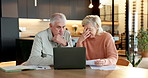 Stress, debt and old couple with laptop in home for mortgage, tax expenses or budget discussion. Man, woman and paperwork for bills, computer and financial crisis with bankruptcy risk in retirement
