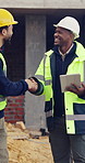 Architect, handshake and men with tablet, construction site or collaboration for building renovation. Civil engineering, teamwork and happy people with tech, shaking hands and property development
