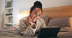 Relax, hotel and happy woman with tablet in bed for social media, online streaming or entertainment. Female person, smile or lying with technology in bedroom for movie, app or browsing in apartment
