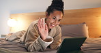 Wave, bed and happy woman with tablet for video call, checkin discussion or hello in hotel room. Female person, travel or talking with smile or technology for communication or virtual chat in resort