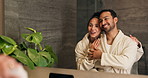 Hug, mirror and morning routine with happy couple in bathroom of home together for bonding or love. Grooming, hygiene and reflection with people in apartment for connection, security or trust