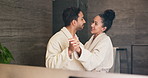 Dance, holding hands and talking with couple in bathroom of home for bonding or morning routine. Conversation, love and rhythm with happy people in apartment together for hygiene, support or wellness