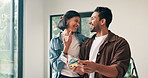 Couple, laugh and moving in new house with color swatch, interior design joke and funny conversation. Happy, married people and talk in home with paint options, plan and humor for remodeling project.