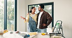 Couple, talking and planning for home renovation, diy and ideas for interior design or conversation. Happy people, discussion and brainstorming for decoration, relocation and creative in new house