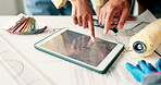 Hands, tablet screen and couple at new house with floor plan, layout or sketch for interior design. People, pointing and digital in home with blueprint, renovation and diy construction for remodeling