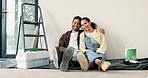Happy, renovation and face of couple in new home with bonding, love and repair project together. Smile, wall and portrait of man with woman for property development or maintenance planning in house.