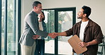 Smile, realtor and handshake at new house with couple, welcome and agreement for real estate. Happy, people or shaking hands with agent, introduction and clipboard with property contract for purchase