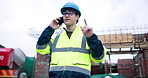 Building, phone call and update with man on construction site for feedback or instructions. Contact, conversation and mobile with builder outdoor on worksite for development schedule or planning