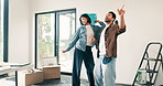 Real estate, fun or couple in house with dance, fresh start or happy moment in dream home. Property, bonding or people with playful groove, housing success or moving celebration for new homeowners.
