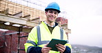 Face, architect and happy man with tablet at construction site, development and infrastructure. Portrait, tech and person outdoor for building architecture with confidence, about us and career pride