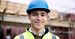 Face, builder and man at construction site with architecture, development and building infrastructure. Portrait, helmet and civil engineer outdoor for engineering safety, about us and career pride