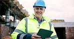 Face, engineer and happy man at construction site with tablet, building development or confident. Smile, engineering and mature person with tech outdoor for architecture, design and infrastructure