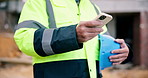 Typing, phone and hands of construction worker on site with texting, communication or email for feedback. Technology, man and civil engineer with cellphone for chatting with building approval.
