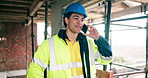 Phone call, happy man or architect at construction site, talk or update for safety inspection. Mobile, engineering or person chat with contact for building compliance, development or project progress