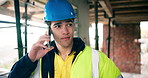 Phone call, man and engineer at construction site, talk or protocol for safety inspection. Mobile, architecture and person in conversation with contact for building compliance, development or project