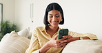 Laugh, text message or woman on sofa with phone, online communication and comic post on social media. Happy, digital or person in house with tech, funny conversation and meme reaction on chat app.