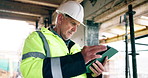 Mature, man and architect with tablet on construction site for scaffolding safety or security. Male person, contractor or civil engineer with technology for building inspection, PPE or architecture