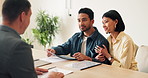 Real estate, agent or couple in office with document, investment plan or advice in client consultation. Meeting, people or realtor with files, closing process or offer discussion for new homeowners.