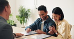 Real estate, realtor or couple in agency with document, investment plan or advice in client consultation. Meeting, people or broker with files, closing process or offer discussion for new homeowners.
