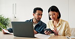 Calculator, debt and laptop with couple in home together for budget, income or investment stress. Bankruptcy, computer and documents with frustrated people in apartment for portfolio discussion