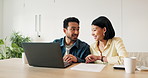 Finance, laptop and talking with couple in home together for budget, investment or wealth management. Computer, conversation and documents with happy people in apartment for portfolio discussion