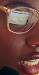 Black woman, glasses and reading with remote work, headset and report for virtual assistant. Freelancer, reflection and contact with tech for proposal, feedback and project management in home office