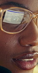 Black woman, glasses and reading with remote work, contact and report for virtual assistant. Freelancer, reflection and headset with tech for proposal, feedback and project management in home office