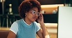 Stress, student and headache in home with computer, assignment and burnout of education. African woman glasses and migraine at house with pc, scholarship and application mistake for learning pressure