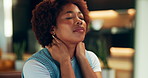 Remote work, home and woman with neck pain, tired and overworked with headache by computer. African person, fatigue and freelancer with migraine, burnout or muscle tension with deadline pressure