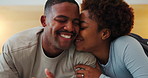 Couple, smile and cuddle on bed, home and bonding with partner in bedroom, affection and connection. Black people, love and resting with spouse in house, happiness and commitment for relationship