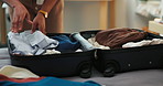 Hands, travel and woman packing suitcase for adventure, vacation or journey with baggage. Person, luggage and prepare for International holiday together with tourist, clothing and trip in hotel