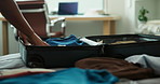 Hands, travel and woman packing baggage for adventure, vacation or journey with luggage. Person, suitcase and prepare for International holiday together with tourist, clothing and trip in hotel