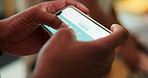 Hands, person and reading with phone screen for travel, flight booking and ticket for global air. Couple, scroll and house for airport checkin, boarding information and departure time with airline