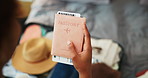 Packing, suitcase and hands of woman with passport in home for flight, holiday or international trip. Ticket, luggage and person in bedroom for preparing with travel document for overseas vacation.