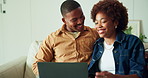 Couple, discussion and laugh on couch with laptop, bonding together or funny joke for online shopping. Married, black people and browse ecommerce website in home with computer, relationship or humor.