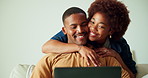 Couple, hug and remote work in house with laptop, bonding or support husband for marketing career. Happy, married black people and freelance worker with computer, embrace or help for advertising job.