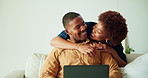 Couple, embrace and remote work in home with laptop, bonding or support husband for marketing career. Happy, married black people and freelance worker with computer, hug or advice for advertising job