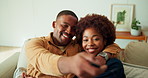 Face, hug and happy couple with remote on couch, home and bonding with partner in lounge or support. Black people, embrace and affection for spouse in living room, watching tv and smile in apartment