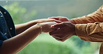 Couple, holding hands and support at park, love and connection with partner on break and commitment. People, bonding and affection for spouse in nature, together and loyalty for relationship or care
