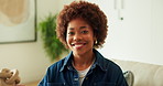 Face, smile and black woman in home for relax, chill and wellness on weekend break at apartment. Portrait, living room or happy person at house with peace, calm and staycation on sofa with comfort