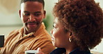 Woman, coffee and satisfied in home with couple, good drink or beverage in living room on off day. African person, partner and enjoy tea with smile, agreement or nodding on break together at house