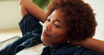 Black woman, relax and calm in home with thinking, reflection or perspective on off day in living room. Female person, rest or break with vision, comfort and happy mindset with mindfulness at house