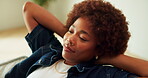 Black woman, relax and peace in home with thinking, reflection or perspective on off day in living room. Female person, rest or break with vision, comfort and happy mindset with mindfulness at house