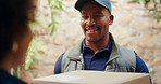 Happy, tablet and delivery man at door with box for digital invoice, online receipt and parcel. Home, ecommerce and person on tech with customer package for courier service, shipping and order